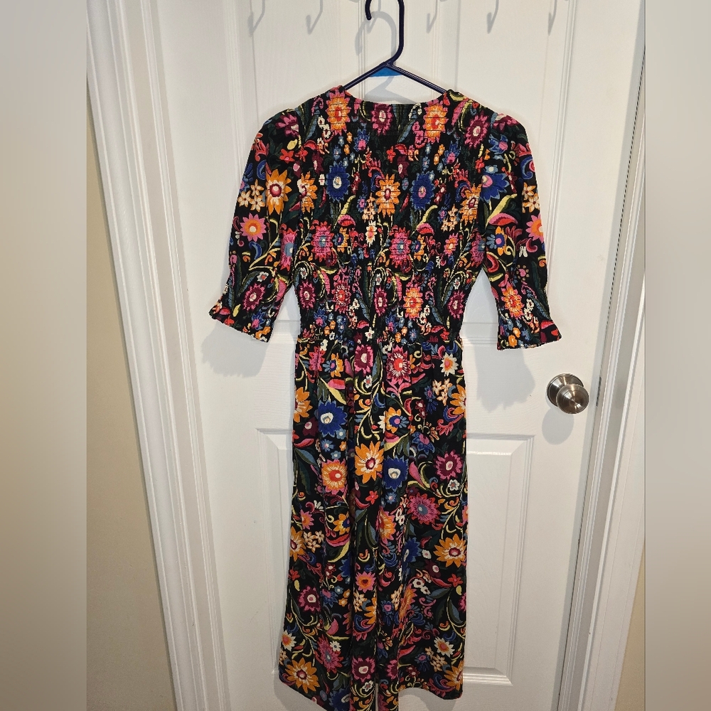 Boden Smocked Bodice Ruched Sleeves Mini Dress Black, Gardenia Pop 2 Regular - Picture 8 of 12